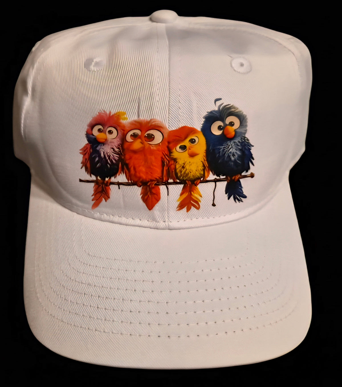 White cap featuring four colorful birds perched on a branch