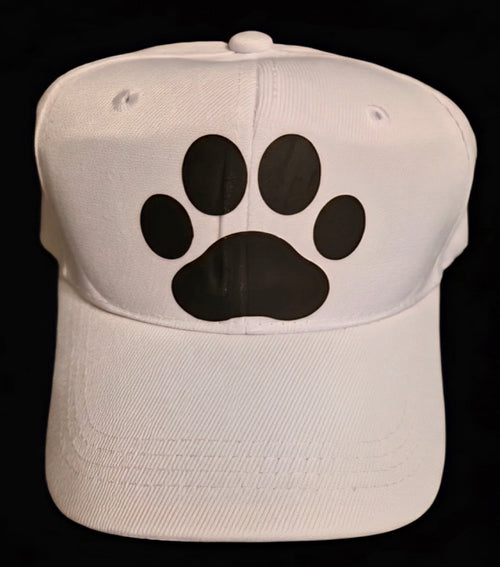 White cap with a bold black paw-print graphic