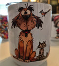 White tumbler with a shaggy brown cartoon dog, a small striped cat, and a little bird.