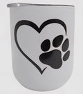 White wine tumbler with an open heart outline and a black paw print