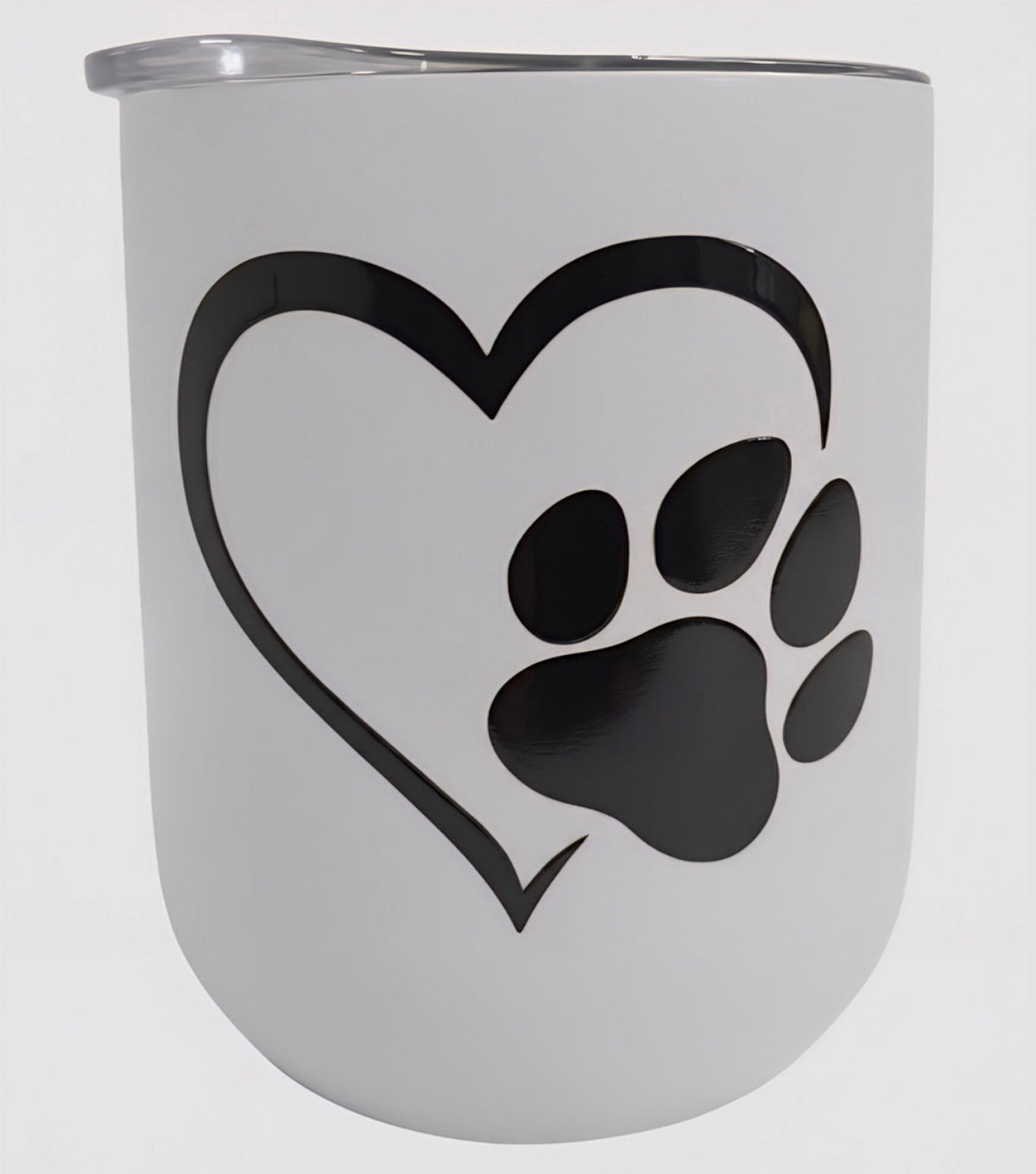 White wine tumbler with an open heart outline and a black paw print