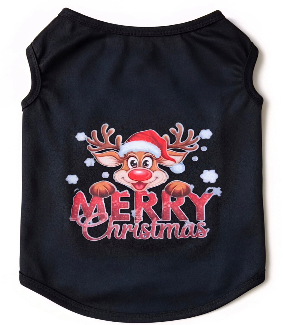 Black dog shirt with cartoon reindeer wearing Santa hat and Merry Christmas text graphic