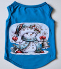 Blue dog shirt with festive snowman holding a jingle bell holiday graphic