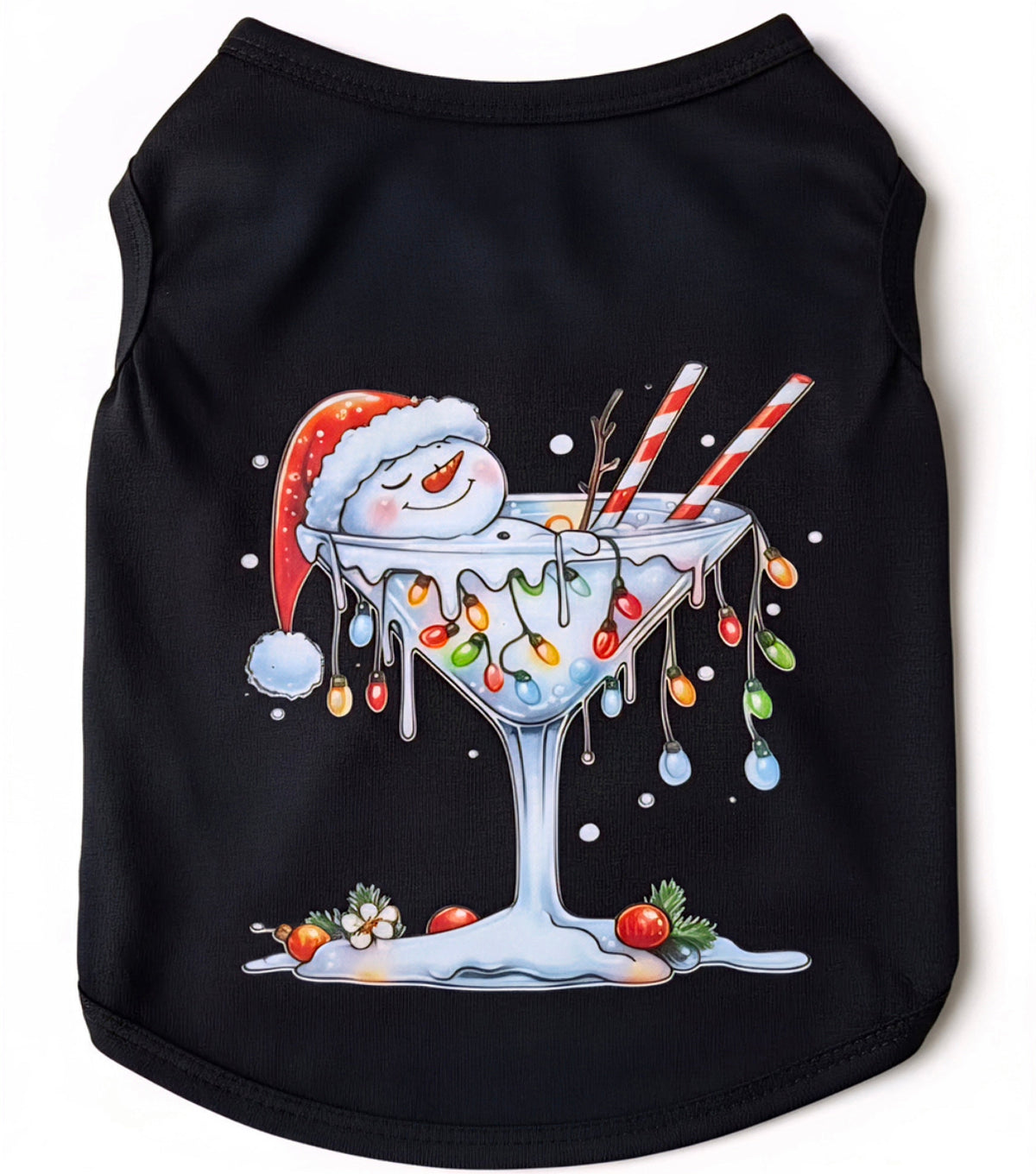 Black dog shirt with snowman melting in a martini glass with Christmas lights graphic