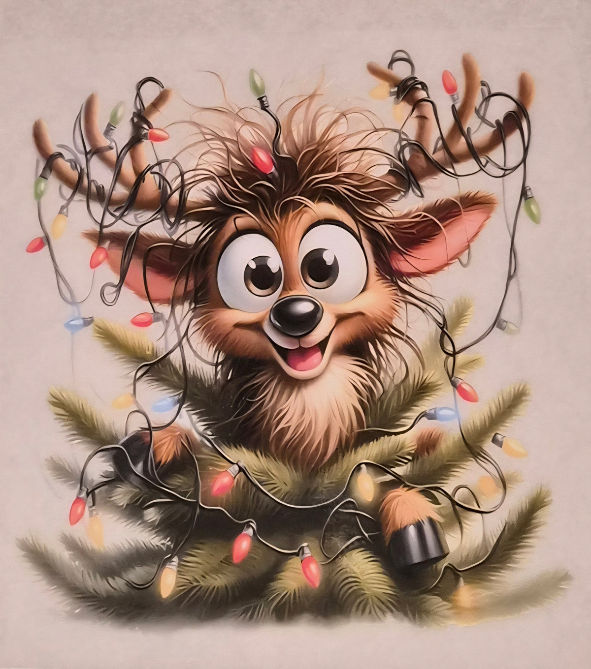 Happy chaos reindeer tangled in Christmas lights graphic tee design