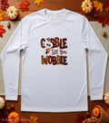 Gobble Till You Wobble Long Sleeve Tee with turkey graphic on white shirt