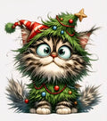 Wild-eyed tabby cat dressed as a Christmas tree with ornaments and striped Santa hat holiday T-shirt design
