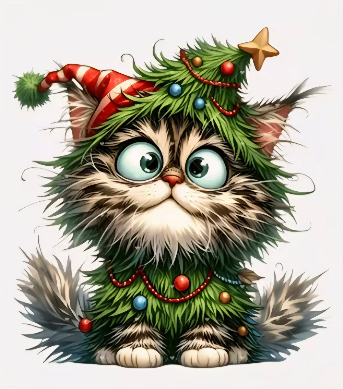 Wild-eyed tabby cat dressed as a Christmas tree with ornaments and striped Santa hat holiday T-shirt design