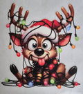 Cute cartoon reindeer in Santa hat tangled in colorful Christmas lights holiday tee