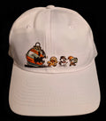 White cap with a colorful holiday ornament and festive character lineup