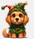 Cute golden retriever puppy dressed as a Christmas tree with ornaments and Santa hat holiday T-shirt design