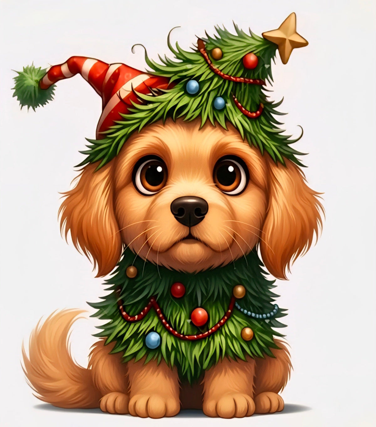 Cute golden retriever puppy dressed as a Christmas tree with ornaments and Santa hat holiday T-shirt design