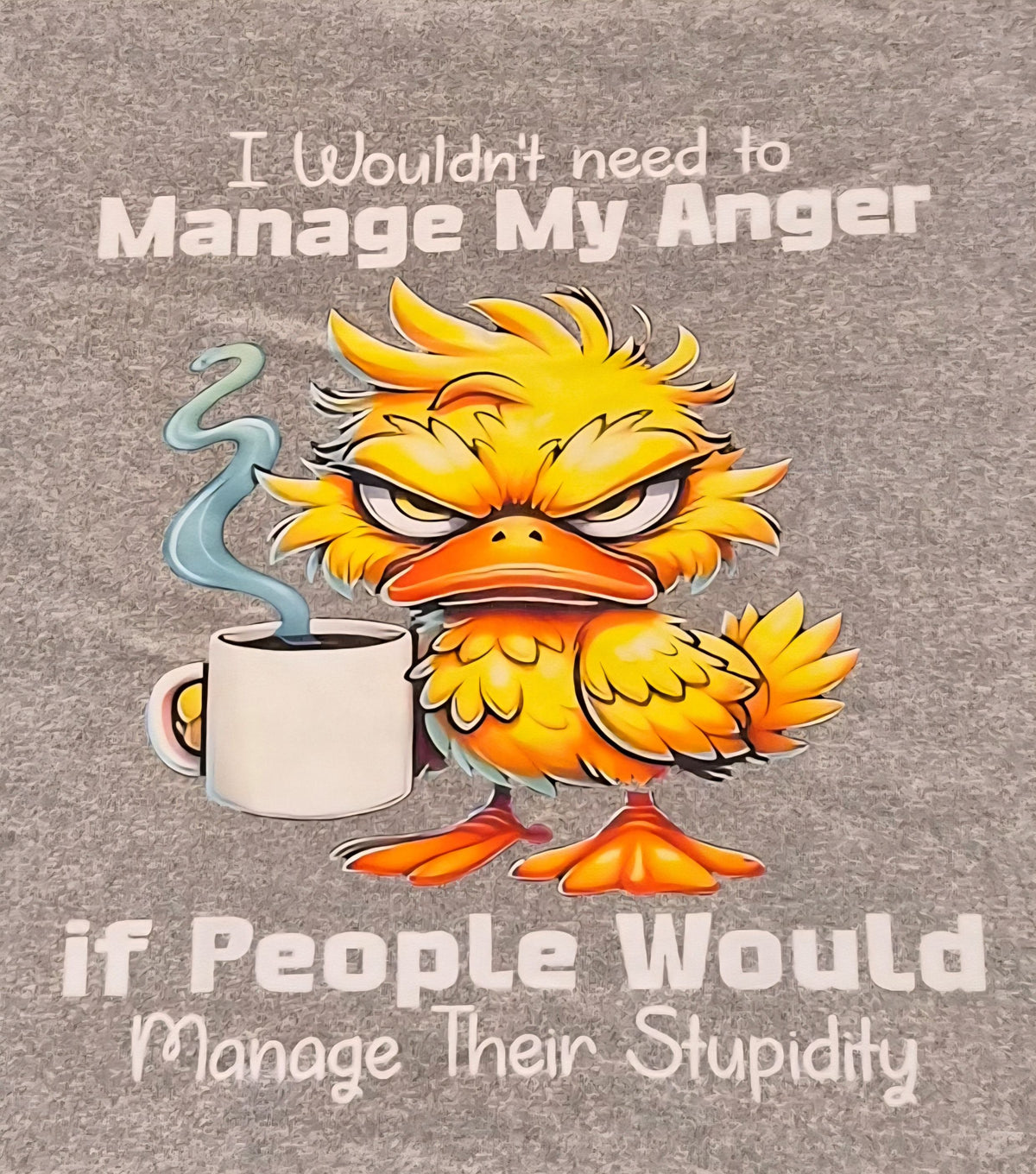 Grumpy cartoon duck holding a coffee cup with text I Wouldn't Need to Manage My Anger if People Would Manage Their Stupidity
