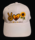 White cap with a peace sign, heart, and sunflower graphic