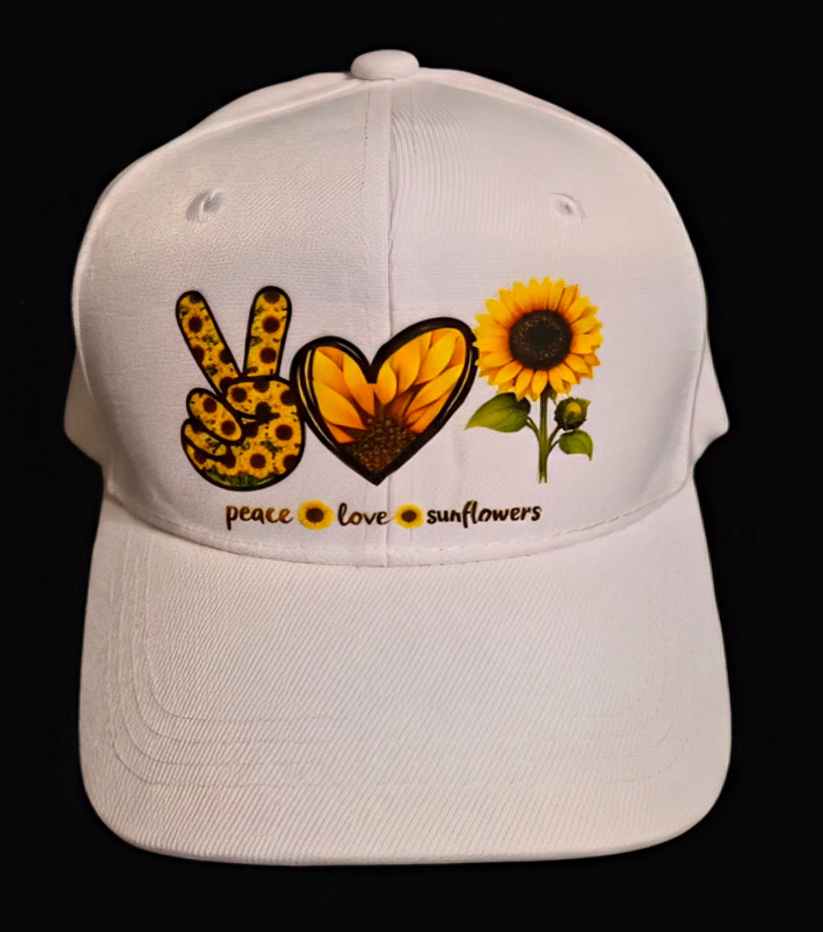 White cap with a peace sign, heart, and sunflower graphic