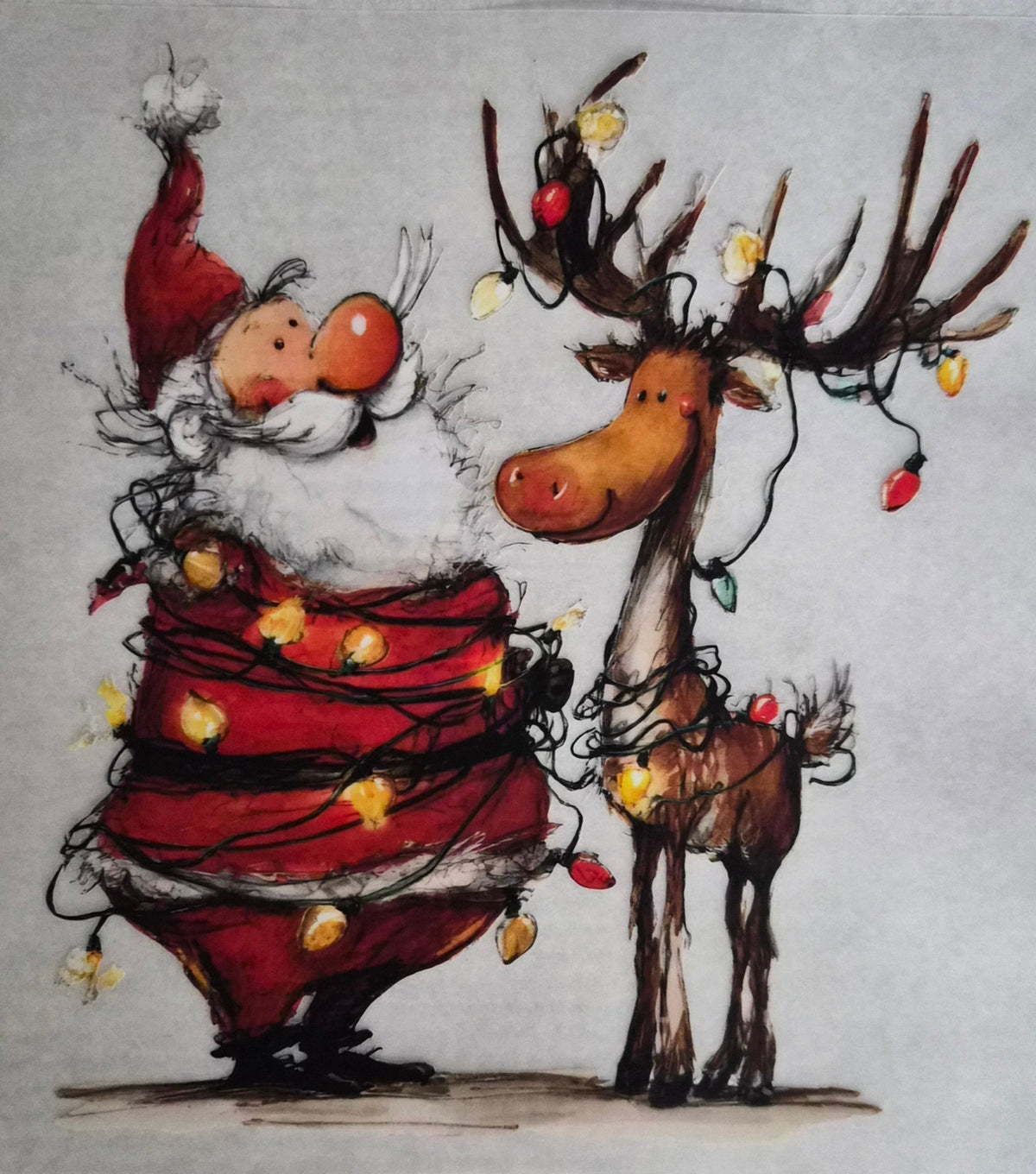 Santa and reindeer tangled in Christmas lights watercolor holiday tee