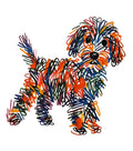 Colorful scribble-art puppy graphic on white t-shirt