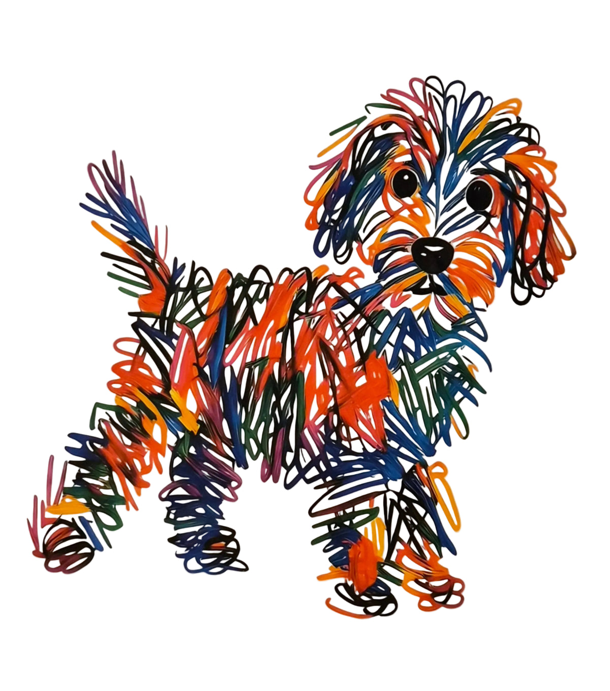 Colorful scribble-art puppy graphic on white t-shirt