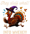 Startled turkey wearing a purple hat with autumn leaves and the words They stuff what! Into where!!!