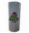 Light-colored tumbler with the Grinch in a Santa hat and Feeling extra Grinchy today lettering