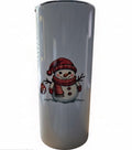 Light-colored tumbler featuring a smiling snowman in a red hat, striped red scarf and mittens with a hanging ornament