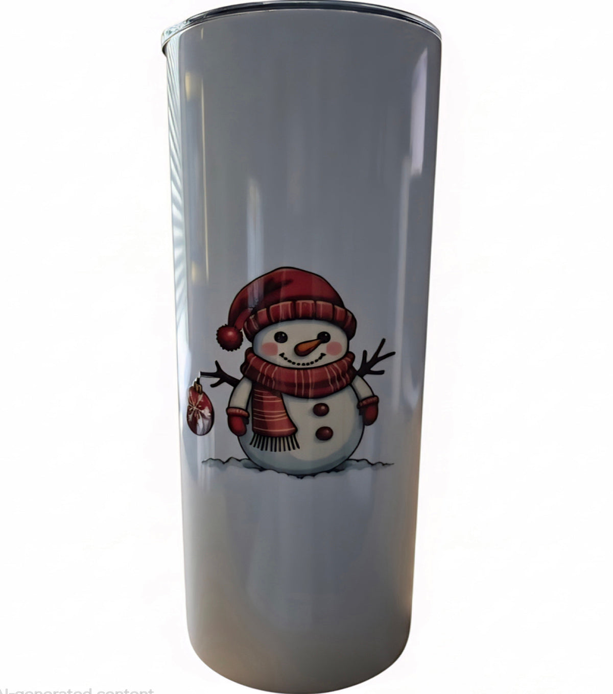 Light-colored tumbler featuring a smiling snowman in a red hat, striped red scarf and mittens with a hanging ornament