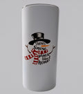 Light-colored tumbler with There's Snow Place Like Home lettering shaped into a snowman with a black top hat and red-and-white scarf