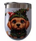 Adorable holiday dog wearing a Santa hat and surrounded by evergreen branches and ornaments on a white wine tumbler