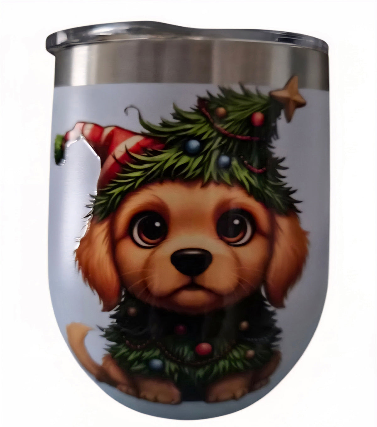 Adorable holiday dog wearing a Santa hat and surrounded by evergreen branches and ornaments on a white wine tumbler