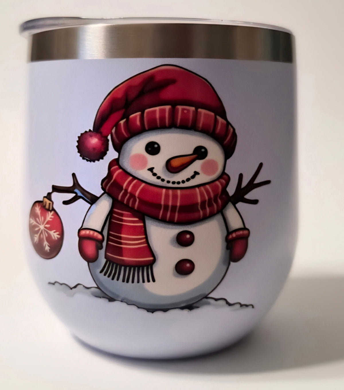 Red snowman design on a white insulated wine tumbler