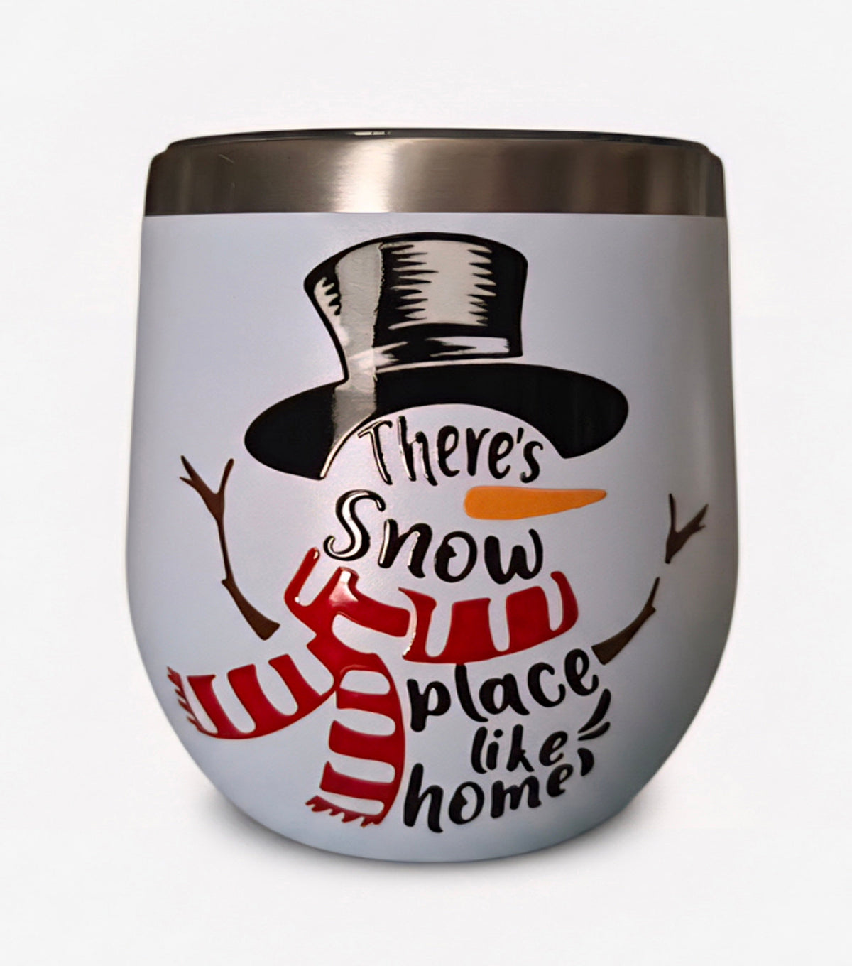 Snowman wearing a top hat and scarf with There's Snow Place Like Home text on a white wine tumbler